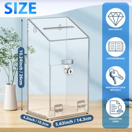 Juexica 2 Pcs Acrylic Donation Box 10.2" x 5.6" x 4" Suggestion Box with Lock and Slot Wall Mount Safe Key Drop Ballot Clear Fundraising for Home Office Vote