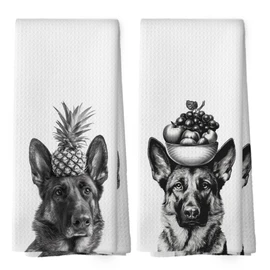 Mcehtle Funny German Shepherd Dog Kitchen Towels Set of 2, Funny Dog Kitchen Decor, Dogs Gifts for Women Men Hand Towel, Black and White Pet Owner Gift Decorative Tea Towels Dish Towel 16x24 Inch