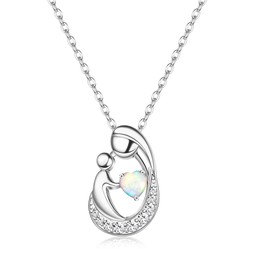 MILACOLATO Mother's Day Gifts S925 Sterling Silver Mother Daughter Necklaces 18K White Gold Filled Mom and Child Opal Birthstone Necklace Mother Pendant Necklaces for Mom New Mum Grandma Women Wife