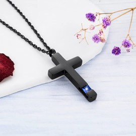 Dletay Cross Necklace for Ashes Stainless Steel Cremation Jewelry for Ashes Gem Blue Zircon Urn Necklace for Men Women Ash Holder