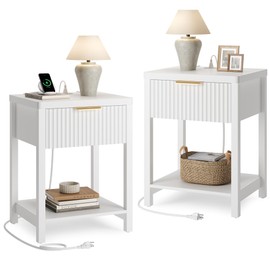 Lulive Night Stand Set 2, Fluted Nightstand with Charging Station, Wood Modern Bedside End Table with Storage Drawer for Bedroom, Save Space (Set of 2, White)