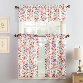 No. 918 Dora Floral Microfiber 3-Piece Kitchen Curtain Set, 54" x 36", Coral Orange
