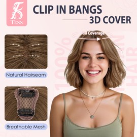 TESS Bangs Hair Clip 360° 3D Cover Lace Cover 100% Real Human Hair Lace Base HairPieces for Women Daily Wear Natural Look 10 Inch Side, Medium Brown