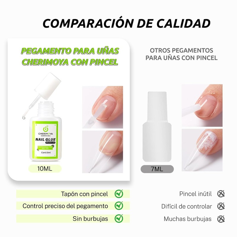 CHERIMOYA Pegamento Uñas Acrílicas con Pincel Secado Rápido sin UV