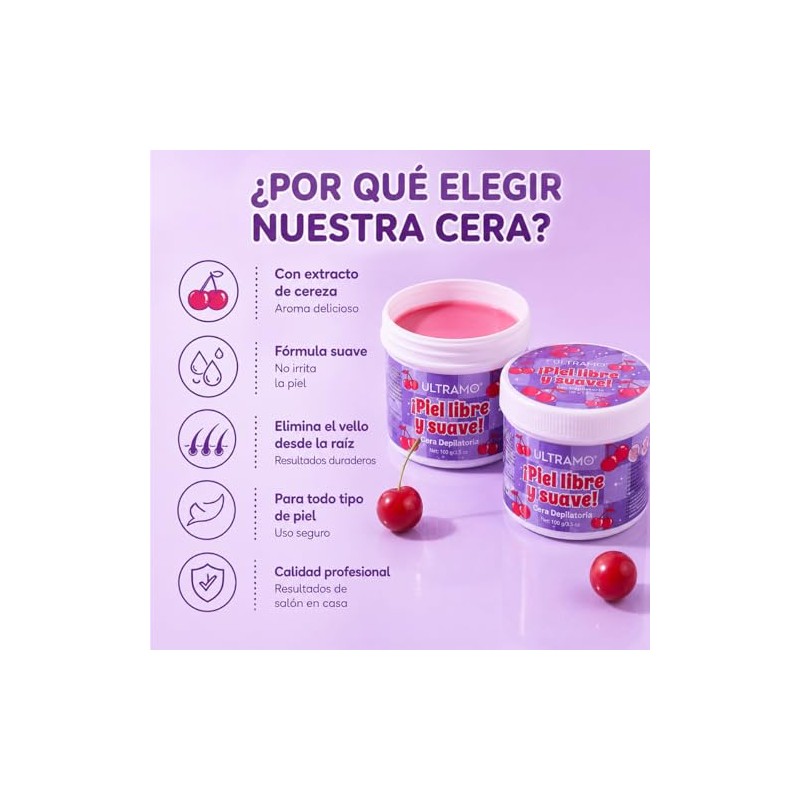 ULTRAMO Cera Depilatoria Suave | Depilacion Sin Dolor（Cereza）