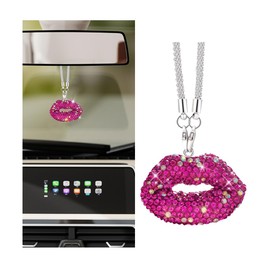 Bittwee Bling Lip Diamond Car Hanging, Crystal Rinestones Auto Rear View Mirror Charms Ornament, Lucky Vehicle Interior Pendant Decoration Accessories, Universal for SUV Sedan Truck(Rose Red)