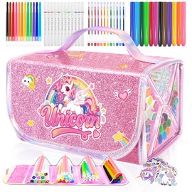 JYPS 70 Piece Unicorn Painting Set for Children with Pencil Case, Washable Colouring Felt Tip Pens Set with Glitter Pens, Colouring Pencils, Markers, Art Set, Writing Set, Toy Gift for Girls 4 5 6 7 8