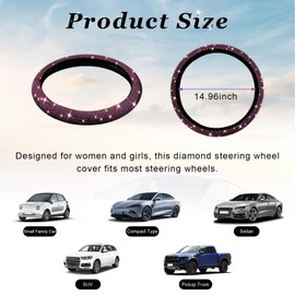 Dickno Bling Steering Wheel Cover, 15 Inch Crystal Diamond Car Steering Wheel Protector for Women Girls, Sparkling Anti-Slip Steering Wheel Decor Accessories for Most Vehicles (Pink)