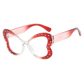 Bsreyeop Butterfly Shape Glasses for Women Lightweight Retro Cat Eye Frame Blue Light Blocking Clear Flat Lens (Transparent Red F5)