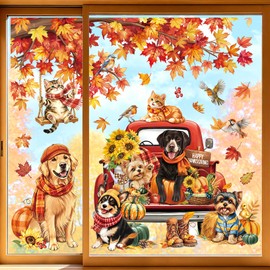 decalmile Window Clings Fall Dog Cat Maple Leaves Reusable Windows Decals