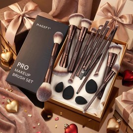 MAGEFY Brochas para Maquillaje Profesional, 17 PCS Brochas de Maquillaje de Doble Punta Kit de Aluminio con 4 Esponjas y Caja de Regalo (Marrón)