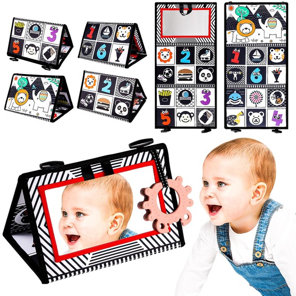 Lanjue Baby Tummy Time Mirror Toy, Flip Mirror High Contrast Black and White Sensory Toys Foldable Baby Toys with Teether for Newborn Infants 0-12 Months