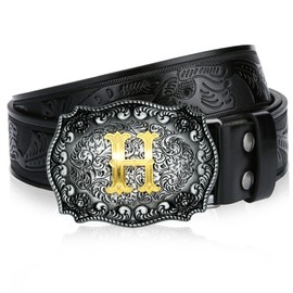 LCG LUCHENGYI Mens Western Cowboy Cowgirl Leather Belt Longhorn Bull Pattern Letter Big Buckle Belt Embossed Floral Belts