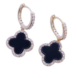 XUDEJUN 18K Gold Plated Gem Hoop Earrings Clover Designs with Crystal Charms Crystal Natural Gemstone Dangle Earrings for Women (Onyx Black)…