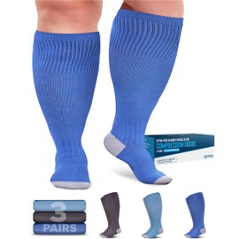 Doctor's Select 3 Pairs Plus Size Compression Socks Wide Calf - 15-20 mmHg Bamboo Viscose Knee High Socks for Circulation Support | Compression Socks Plus Size for Nursing, Traveling, Running | Compression Socks Men Wide Calf | Grey, Teal, Blue