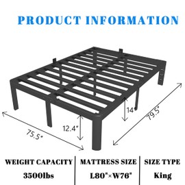 KOSOSO 14 Inch King Size Bed Frame, Black King Bed Frame with Metal Anti-Slip Baffles, No Box Spring Needed, Heavy Duty Steel Platform Support, Round Corner Design, Noiseless, Storage Space