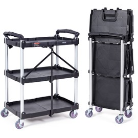 VEVOR VEVOR Foldable Utility Service Cart, 165LBS 3 Shelf Heavy Duty Plastic Rolling Cart with 360 Swivel Wheels (2 with Brakes), Ergonomic Handle, Portable Garage Tool Cart for Warehouse Office Home