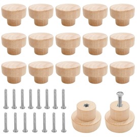 MOSNOW 15 PCS Wood Drawer Knobs with Screws, Round Wood Knobs, Cupboard Drawer Pulls for Cabinet, Kitchen, Wardrobe, Cupboard, Furniture, Round Wood Handles 25 x 35 mm