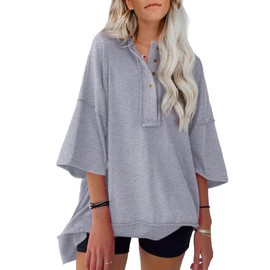 SHEWIN Oversized TShirts for Women Loose Casual Henley V Neck Short Sleeve Oversized Sweatshirt for Women A Gray Medium