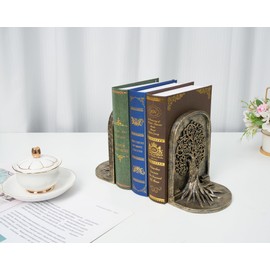 BOIHEGU Tree of Life Bookends Decor 7 inch Resin Decorative Bookends for Library Office Bookshelf Decor, Non-Skid Anti-Slip Heavy Bookends, Cool Stuff to Put on Shelves, Gold Bookends
