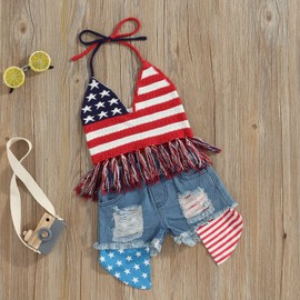 Adobabirl Toddler Baby Girls 4th of July Outfit US Flag Knitted Fringe Vest Top and Ripped Jeans Shorts Fashion Clothes (Stars and Stripes Denim Outfit,4-5T)