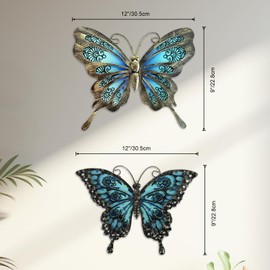 Liffy Metal Butterfly Graden Wall Art Decor, 2 Pack 12" Hanging Glass Butterfly Ornaments Fence Decorations for Outdoor Home,Yard, Patio,Shed