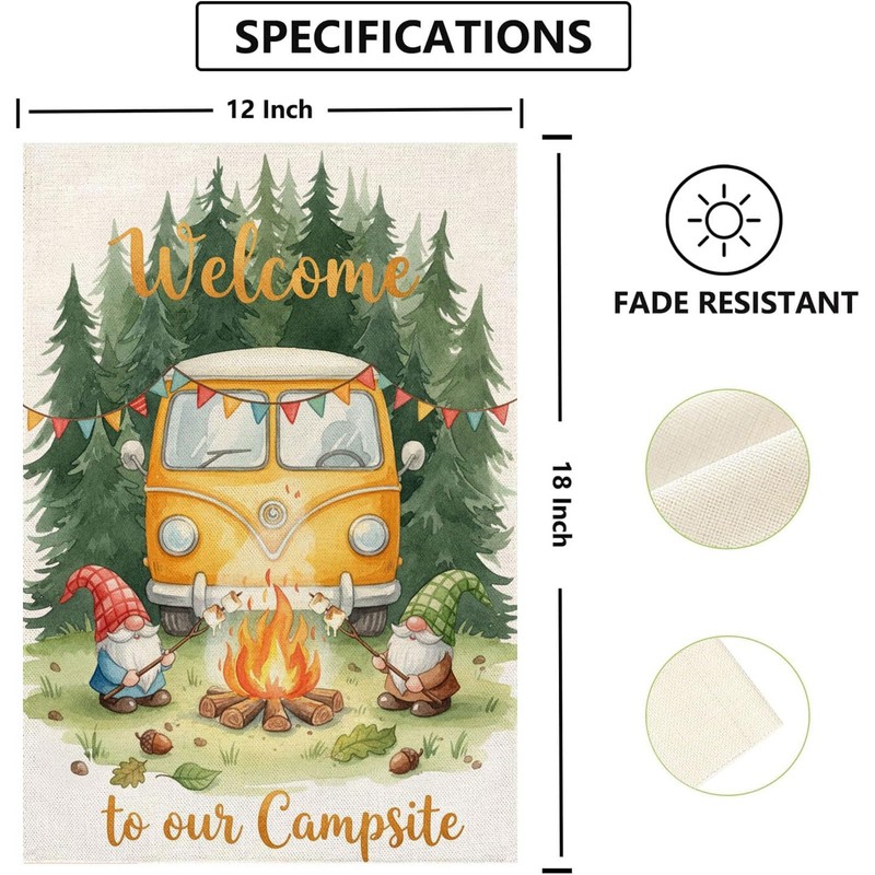 Welcome To Our Campsite Gnomes Camping Garden Flag Burlap 12x18