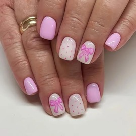Pink Press on Nails Short Square Cute Fake Nails Valentine’s Day Press on Nails with Bow-Knot Designs Pink Acrylic Nails Full Cover Valentines Nails Glue on False Nails with Designs for Women 24PCS