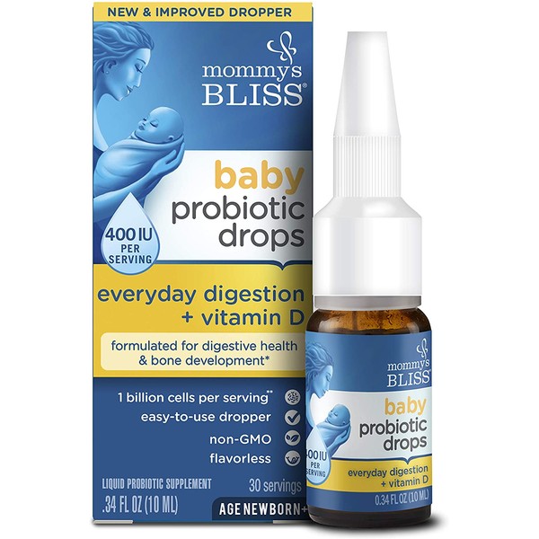 Mommy's Bliss Baby Probiotic Drops + Vitamin D - Gas, Constipation, Colic Symptom Relief - Newborns and Up - Natural, Flavorless, 0.34 Oz