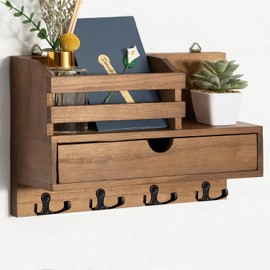 Irayin Wooden Key Holder with Shelf, Wooden Key Holder with 4 Double Key Hooks and Storage Drawer, Wall Key Board for Entrance Area, Hallway, Living Room, Office - Brown