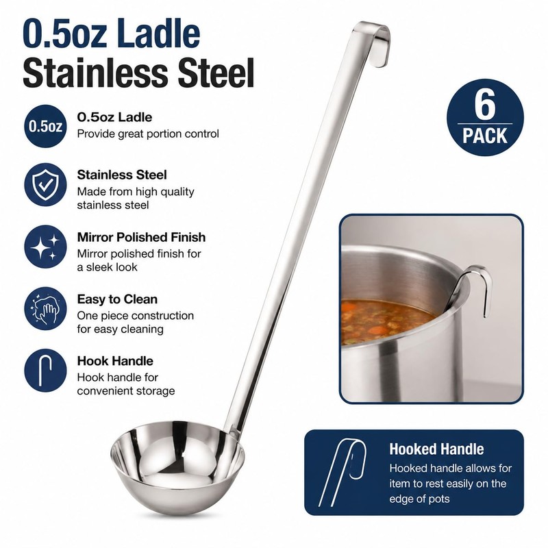 Stainless Steel Soup Ladle with Long Handle, 0.5-16 oz Capacity,