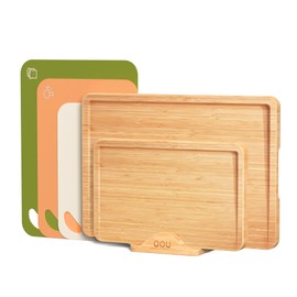 OOU Bamboo Cutting Board Set With Holder, 2 Wood Cutting Board and 3 Plastic Cutting Boards with Food Icons, Wooden Cutting Boards For Kitchen, Charcuterie & Chopping Boards for Meat