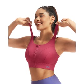 VFUS Adjustable High Impact Sports Bras for Women Zip Front Full Coverage and Lift Padded Compression Tops (Large, Burgundy)