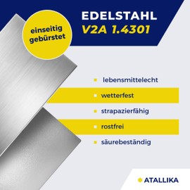 ATALLIKA Stainless Steel Sheet 1 mm [Blank, 350 x 200 mm] - Metal Plate Made of V2A Stainless Steel [Weatherproof for Outdoor & Indoor] - Precise Sheet Metal Cut from Germany [Brushed on One Side]