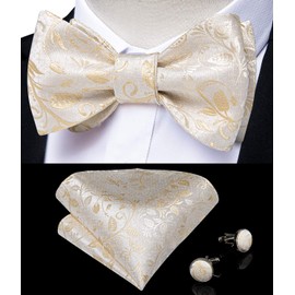 DiBanGu Beige Bow Tie Self Tied Silk Woven Paisley Mens Bowtie Pocket Square Cufflinks Gift Set