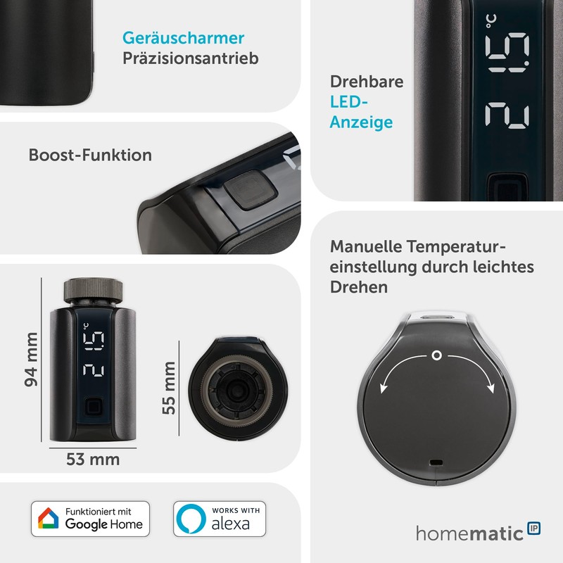 Homematic IP Smart Home Radiator Thermostat – Evo, Anthracite, Digital,