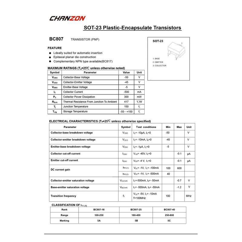 Chanzon 100pcs BC807-40 SOT-23 PNP Transistor -500mA SMD