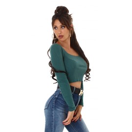 Jela London Women's Bodycon Pullover Ribbed V-Neck Square Neck Crew Neck, 38 Green