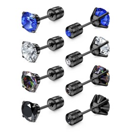 JeryWe 4 Pairs G23 Titanium Earrings for Men Women Titanium Tragus Cartilage Earring Set 5A Cubic Zirconia Flat Back Earring Medical Titanium Stud Earrings for Allergy Sufferers Hypoallergenic 3-7 mm,