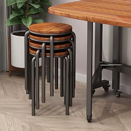 Rukulin Stacking Stools Set of 4, 18" H Backless Round Wooden Top Portable Stackable Stools with Metal Frame (Brown)