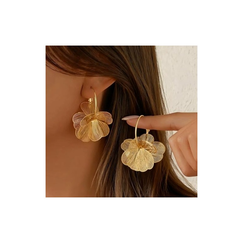 Gold Flower Earrings For Women Silver Dangle Statement Trendy Hoop