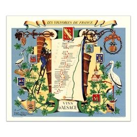 Vintage French Wine Map Poster - Vins d'Alsace - Les Vignobles de France (10x8.5")