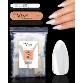 By Vixi 600 MEDIUM ALMOND NAILS, FREE GLUE AND PREPARATION FILE, Opaque Express Nail Extensions in 10 Sizes, Full Coverage, For Professionals and Home Use