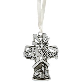 Nativity Ornaments for Christmas Tree, Silver Tone Believe Ornament with Holy Family Manger Scene, 3 Inches