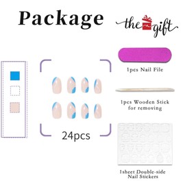 RUNRAYAY Wave Blue & White French Press On Nails Long with Line Pattern, Nail Tips for Sticking on the Nails, Artificial Nails for Women, Acrylic, Full Coverage, Coffin Nails