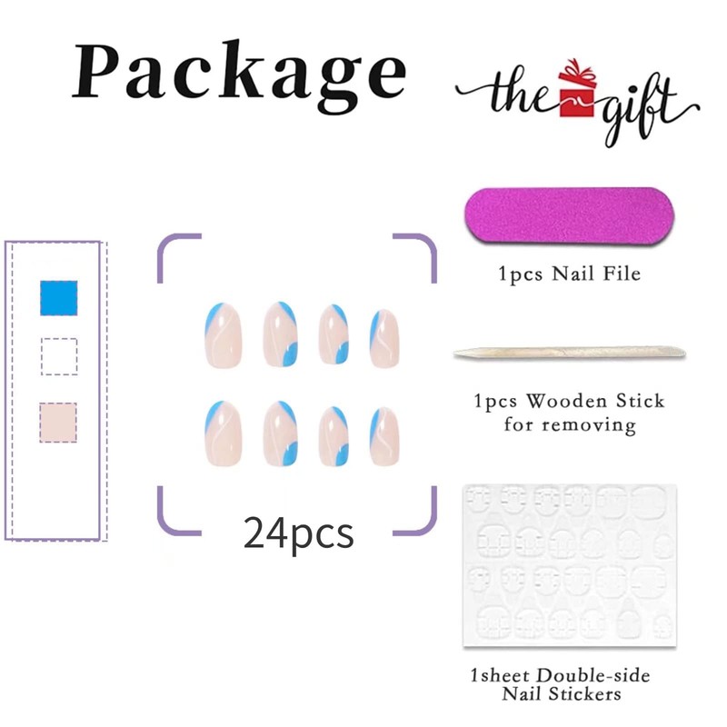 RUNRAYAY Wave Blue & White French Press On Nails Long