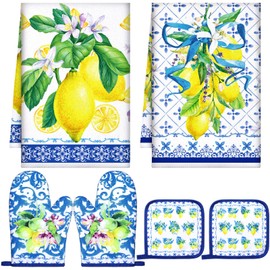 Bencailor 6 Pcs Lemon Kitchen Towels Oven Mitts and Pot Holders Set Decorative Dish Towels Tea Washcloth Non Slip Heat Resistant Oven Gloves for Summer Home Cooking Baking, Blue, Gold