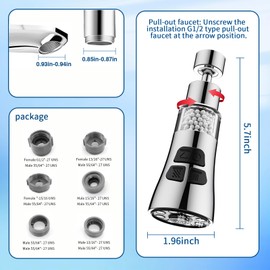 Sink Water Filter Faucet - 360° Rotating Faucet Filter Set with 6 Accessories, 3 Mode Sprayer Extender Purifier Remove Heavy Metal Hard Water for Kitchen（Chrome)