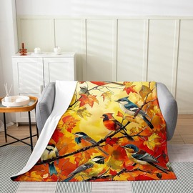 Colorful Birds Flannel Blankets,Maple Leaves Fleece Blanket,Kids Teens Adult Wild Animals Plants Fuzzy Blankets Modern Luxurious Sherpa Blanket Chair Sofa Bed Decor,50"×60"