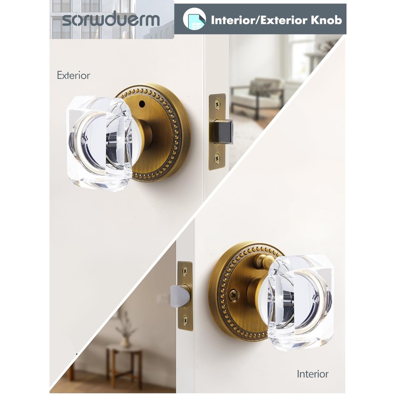 SORWDUERM 2 Pack Antique Brass Door Knobs - Crystal &